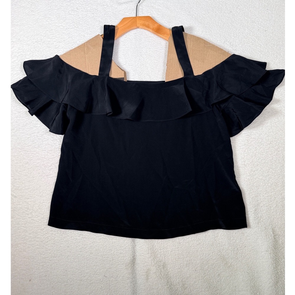 J Crew 100% Silk Double Ruffle Cold Shoulder Top Black Romantic Size 10 G5184